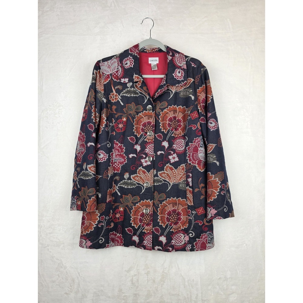 Chicos Womens Size 2 US 12 Floral Print Blazer Jacket Navy Red Cotton Lined